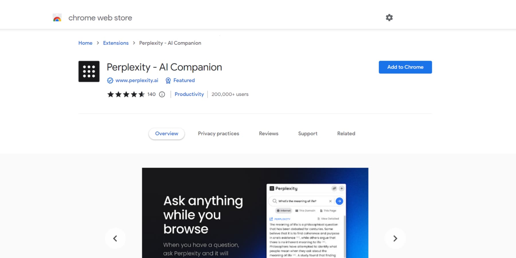 Una captura de pantalla de la página de la extensión Perplexity AI en Google Webstore