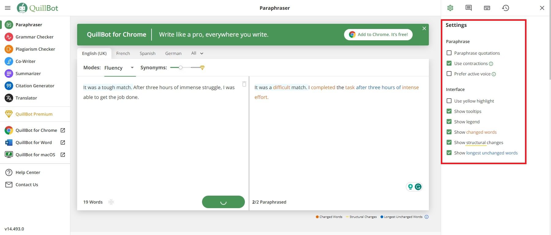 configurações de IA do quillbot