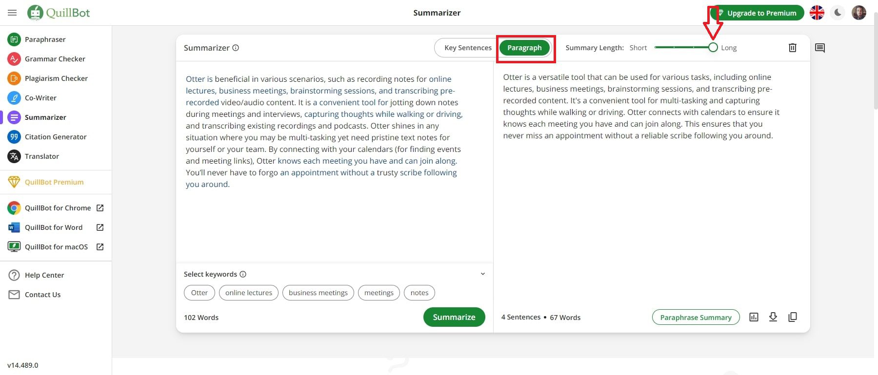 quillbot ai parágrafo comprimento de resumo longo