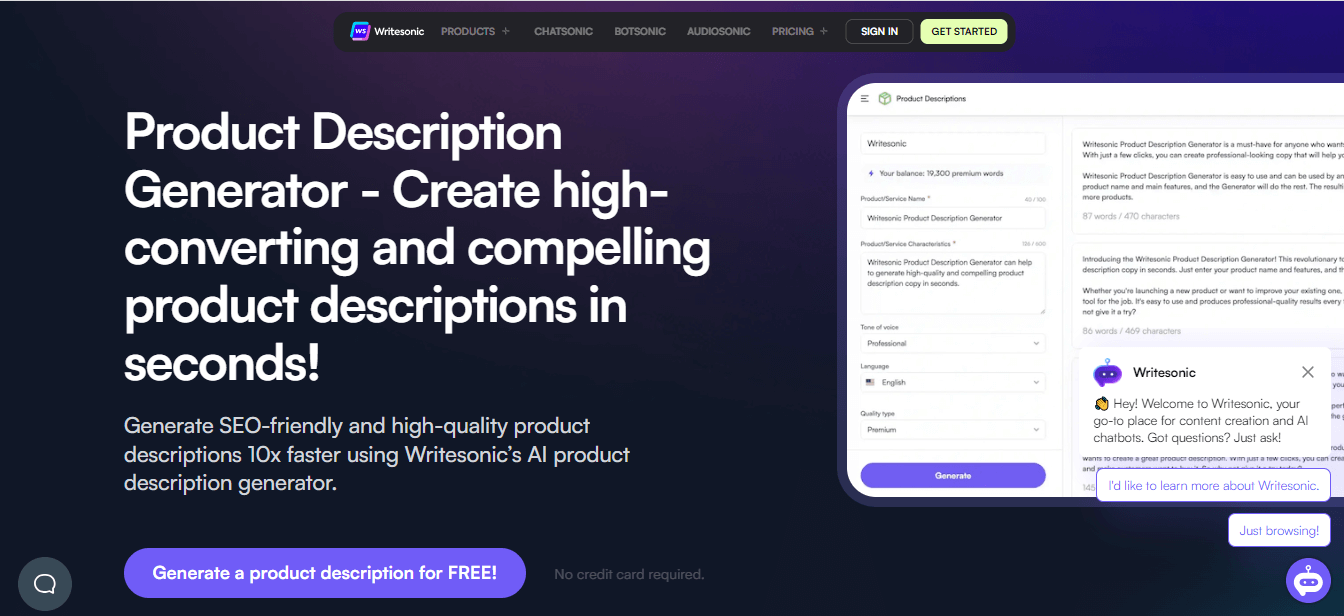 Writesonic, generador de descripciones de productos