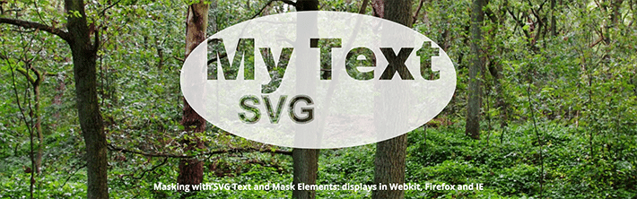 รูปภาพของฟอเรสต์ที่มีการซ้อนทับข้อความว่า: My Text SVG Masking with SVG Text and Mask Elements: แสดงใน Webkit, Firefox และ IE