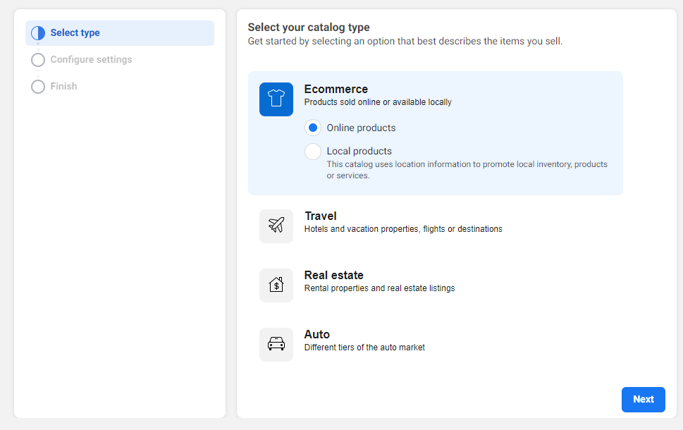 Sélectionnez le type de catalogue sur FaceBook eCommerce Manager