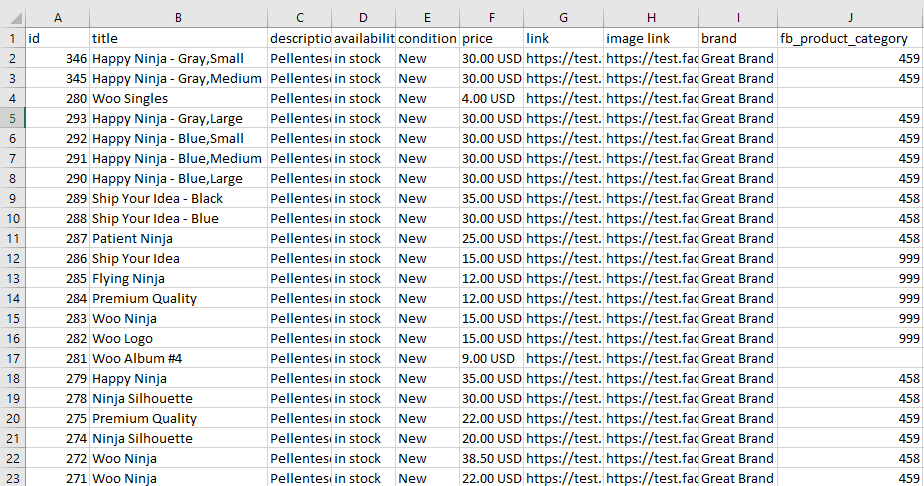 Información del producto Faecbook en MS Excle