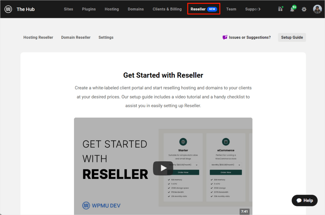 Ecranul principal Hub: Reseller