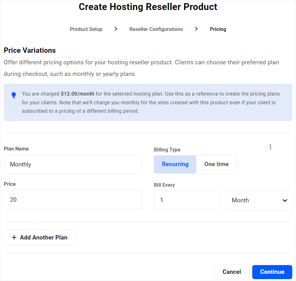 Procedura guidata per la creazione del prodotto del rivenditore di hosting: schermata dei prezzi.