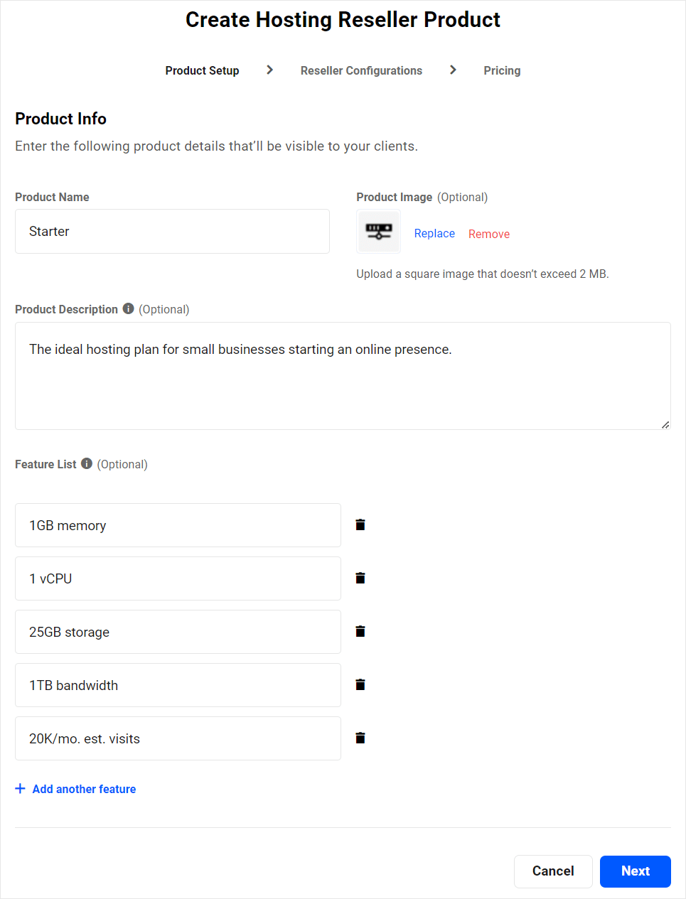 Assistente para criar produto de revendedor de hospedagem - tela Configuração do produto.