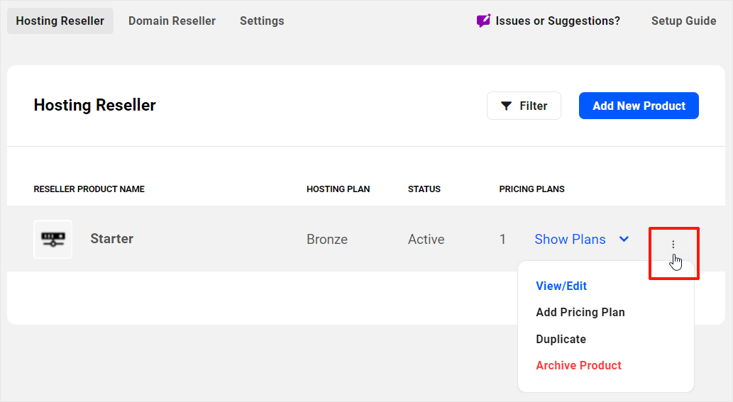 Hosting Reseller - Opțiuni de produs