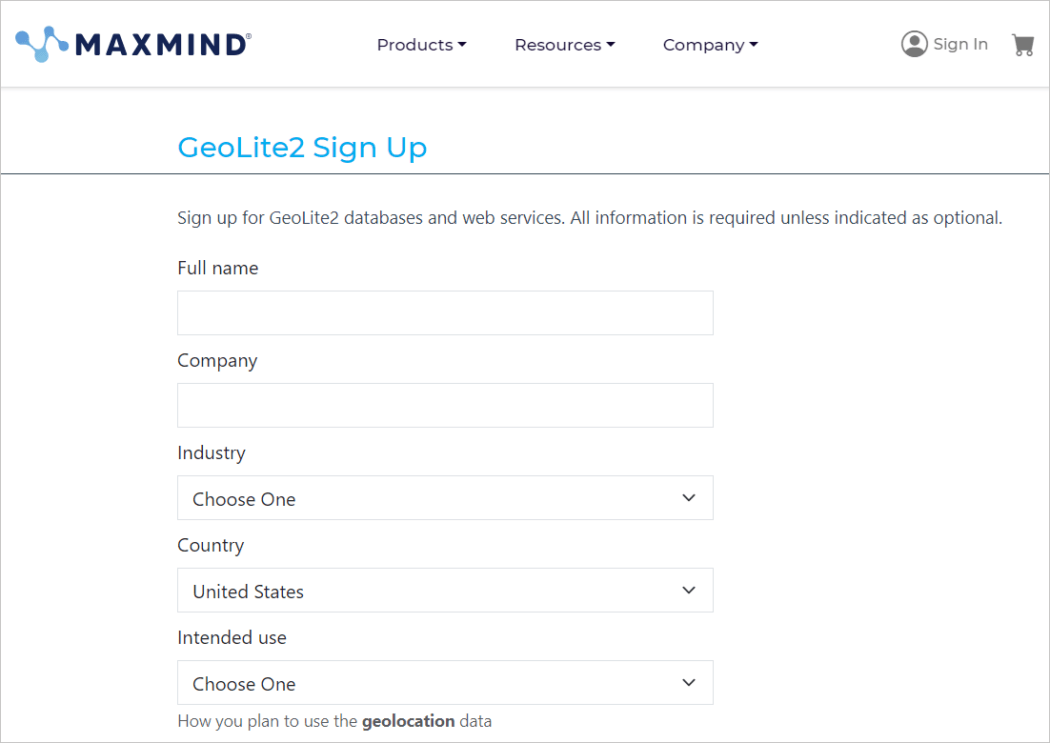 Formular de înscriere Maxmind Geolite