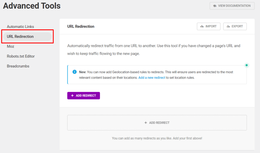 SmartCrawl - Outils avancés : Redirection d'URL