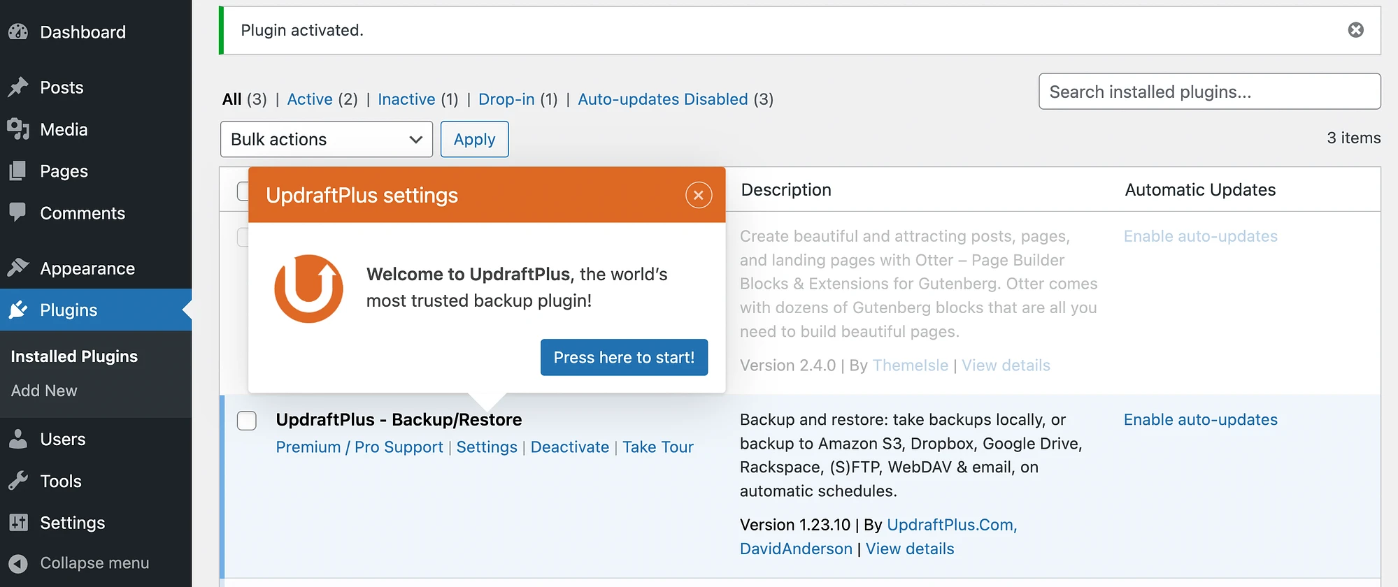 วิซาร์ดการตั้งค่าของ UpdraftPlus กับ Duplicator