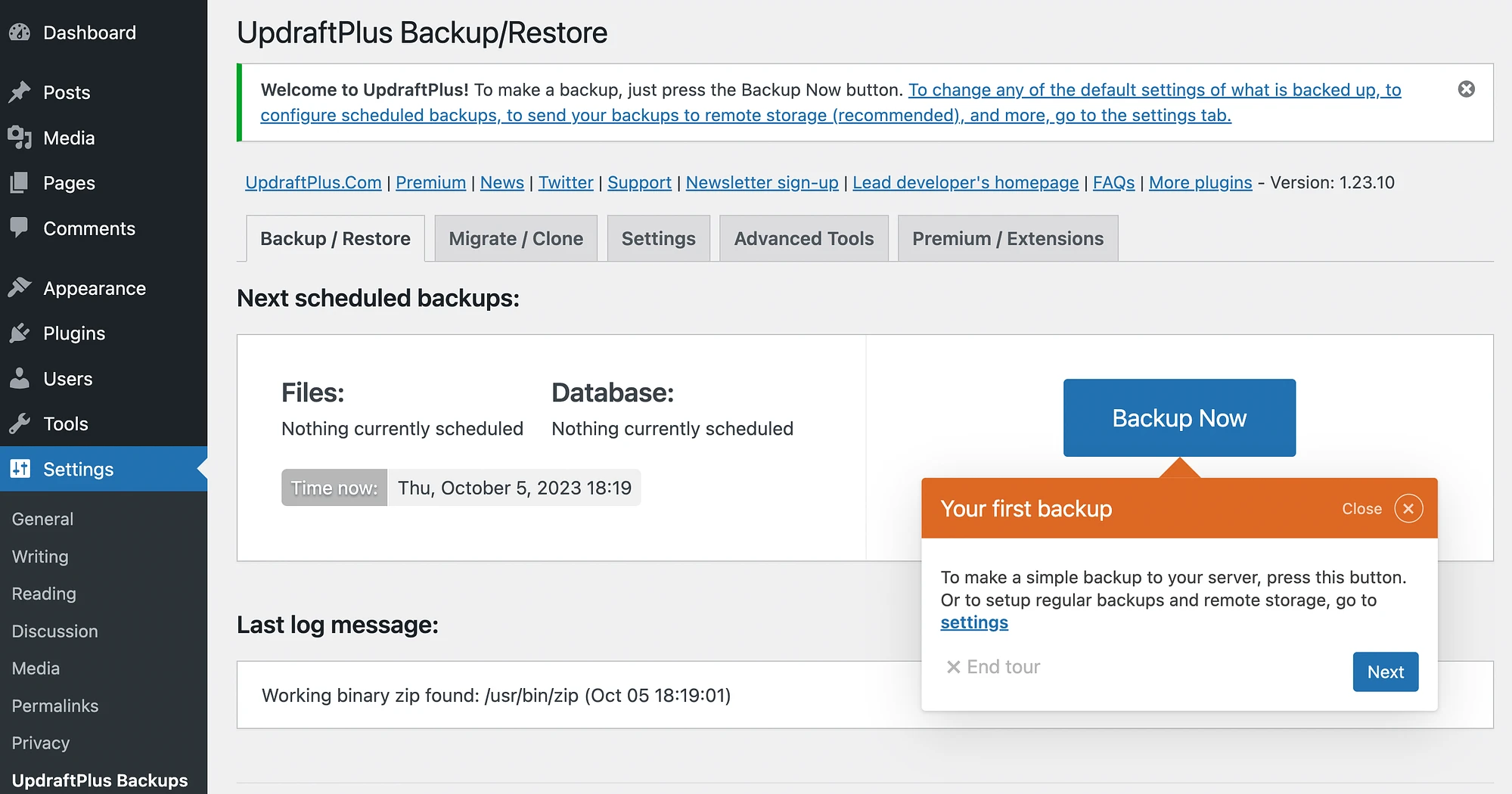 Creazione del tuo primo backup in UpdraftPlus.