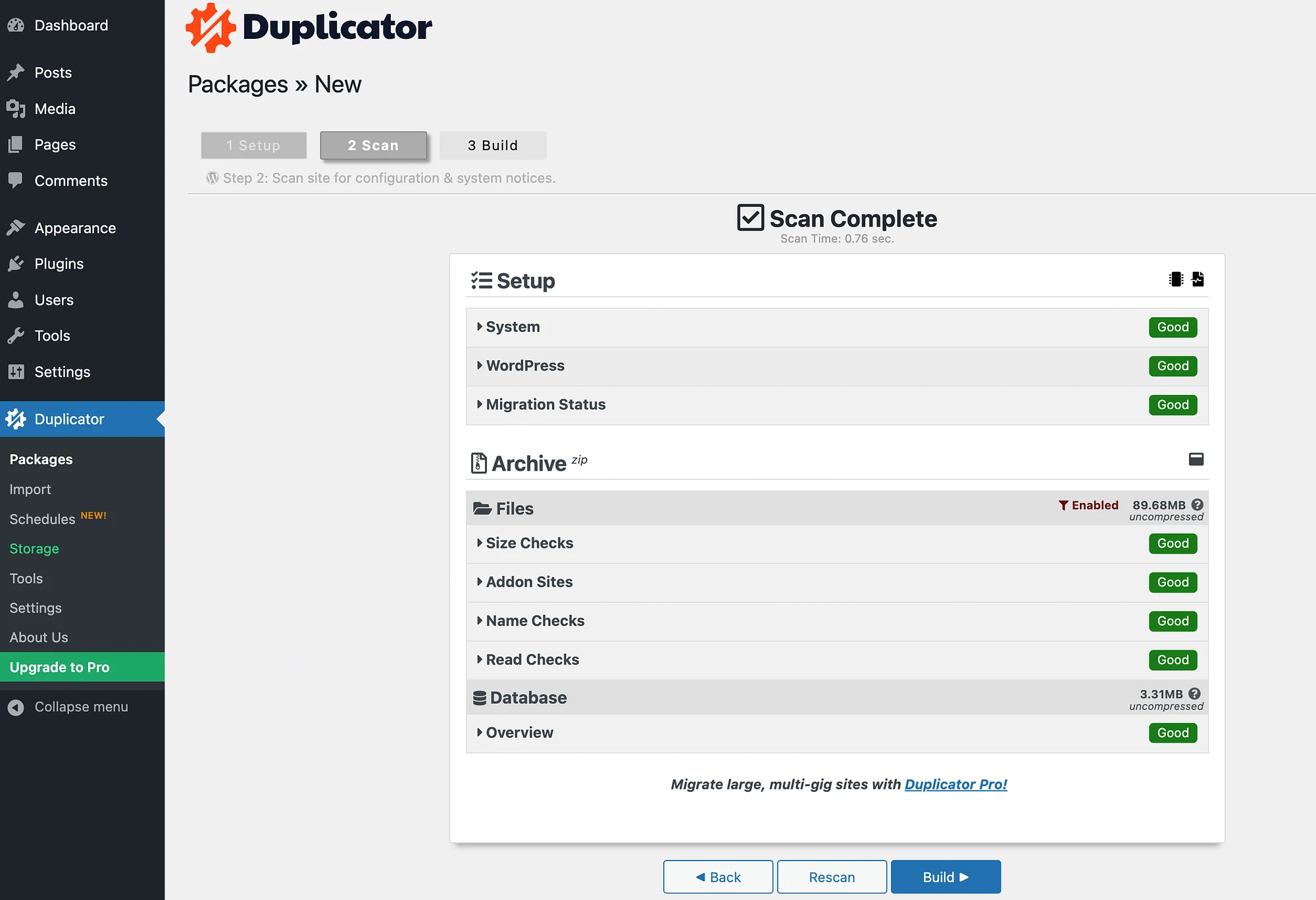 完全な UpdraftPlus と Duplicator をスキャンします。