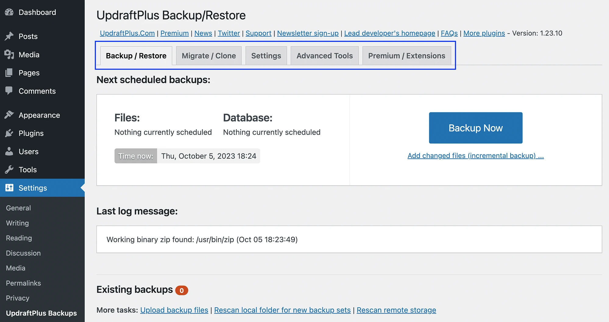 Configuración de UpdraftPlus en el panel de WordPress.