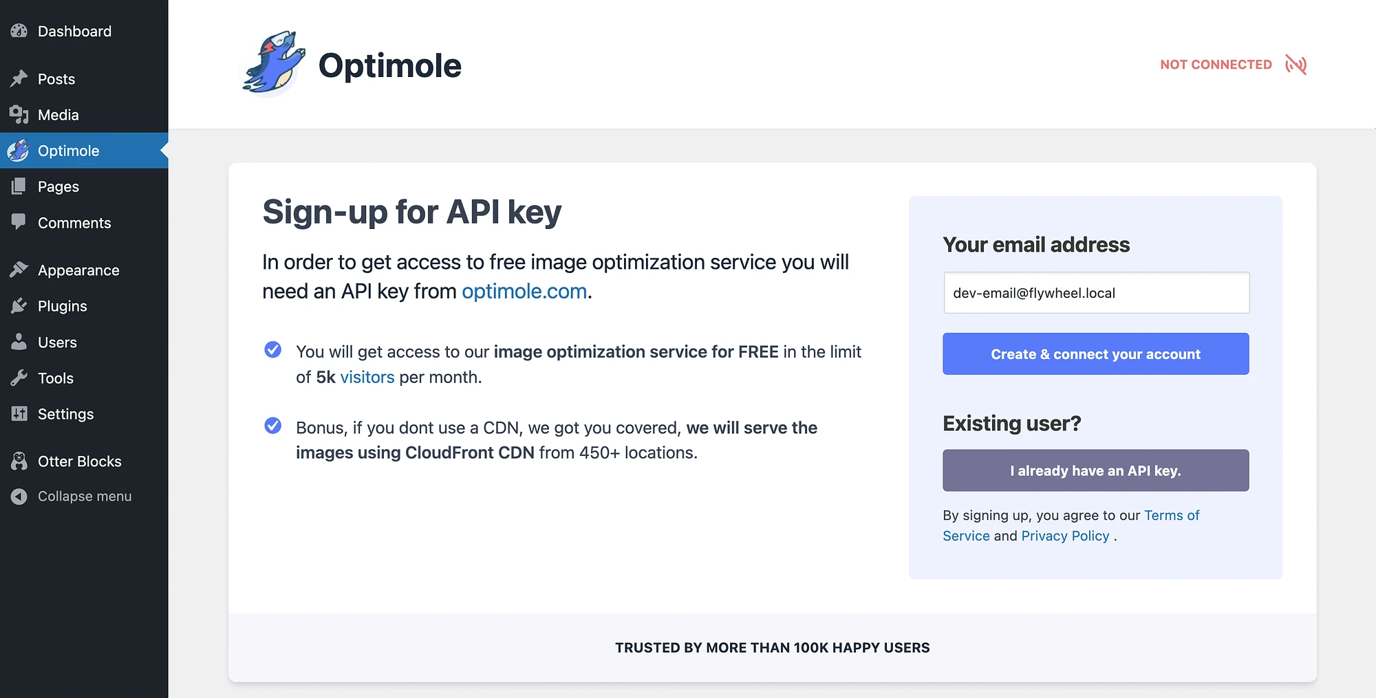 API キーを使用して WordPress を Optimole に接続します。