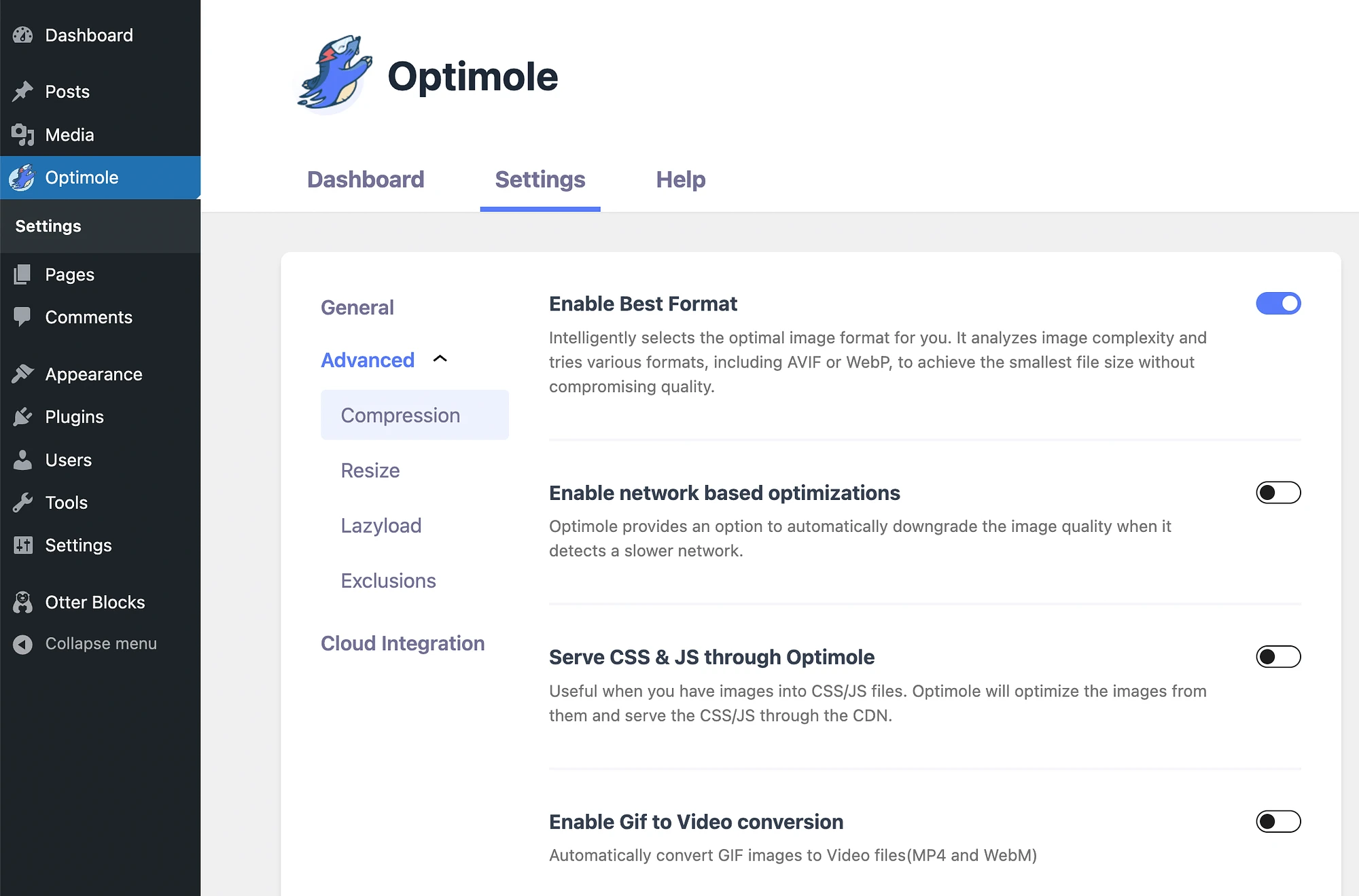 Configuración avanzada de Optimole.