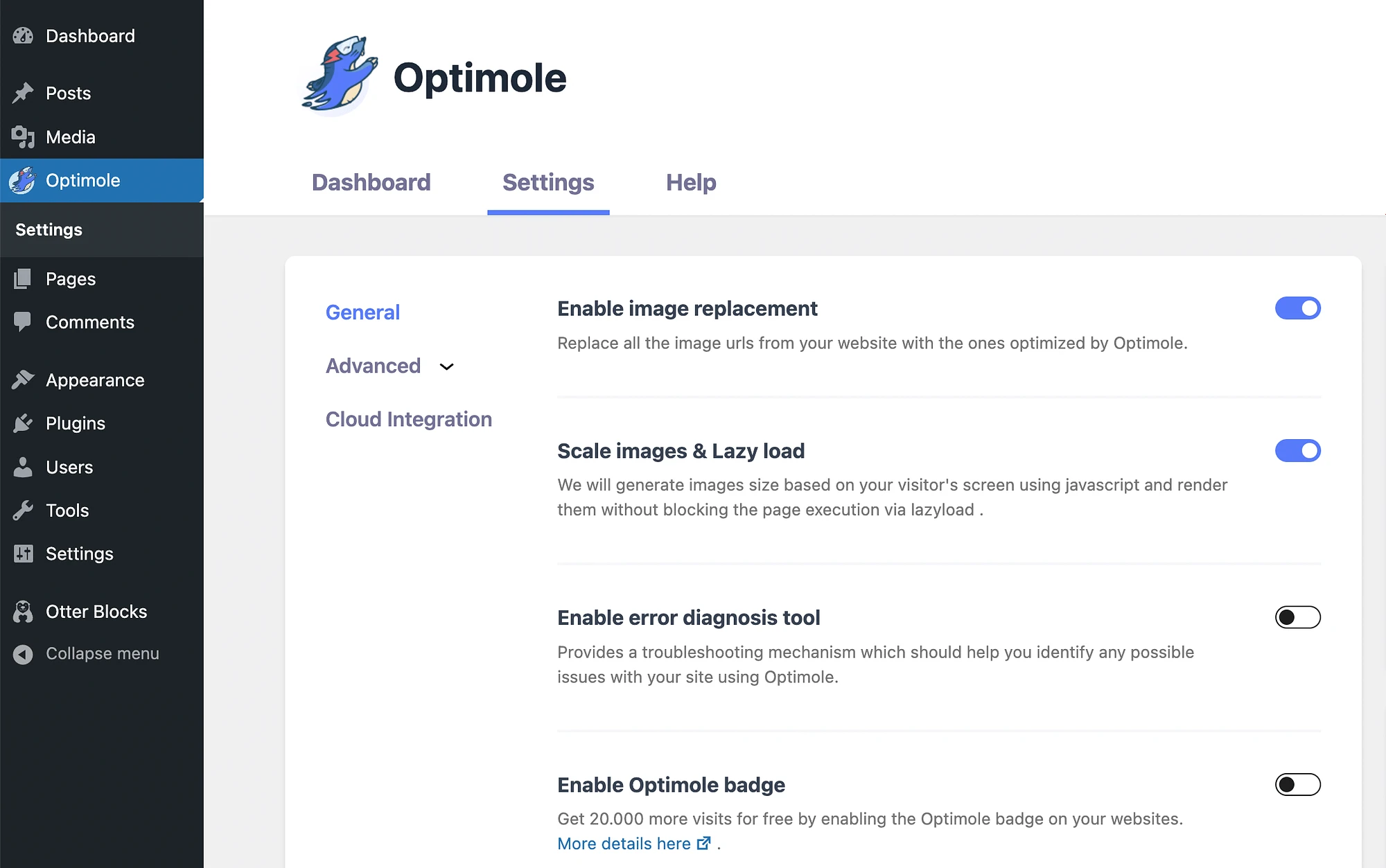 Optimole の一般設定。