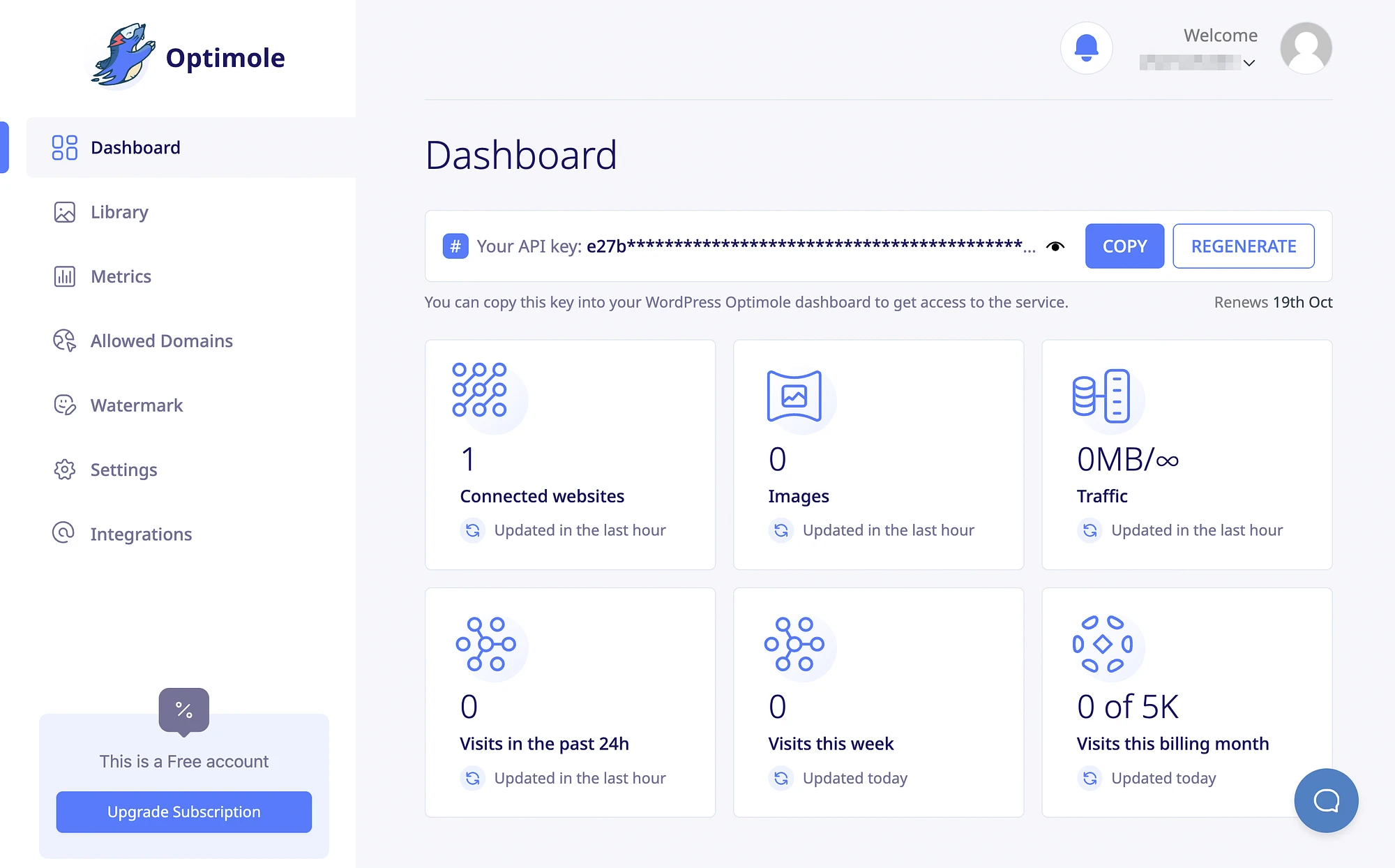 Найдите свой ключ API Optimole на панели управления.