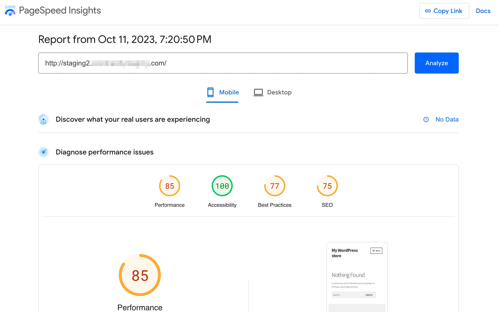 Optimole サイトのパフォーマンス スコア。