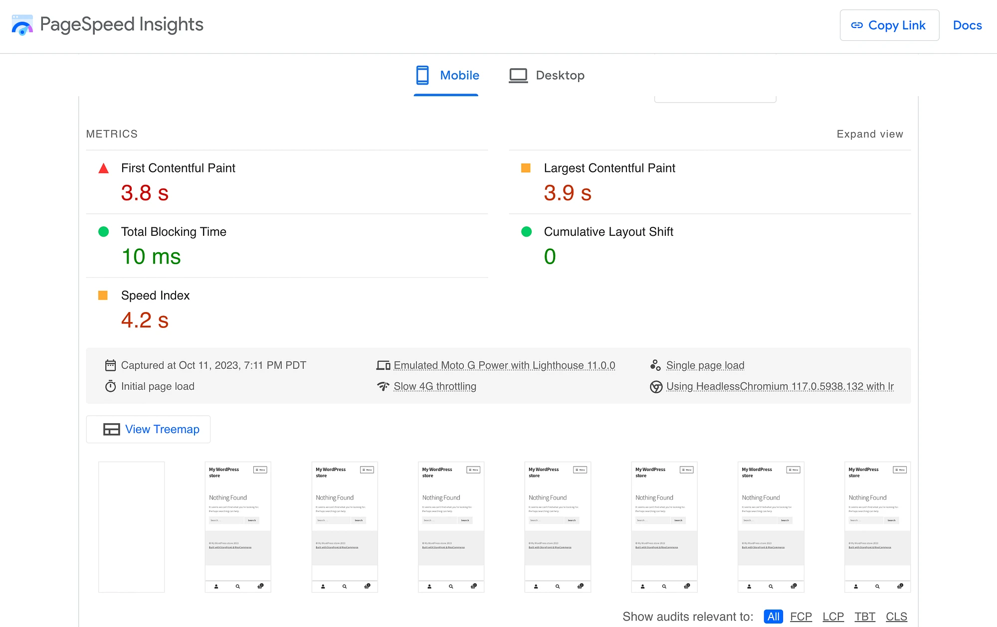 Puntuaciones de Core Web Vitals para el sitio Smush.