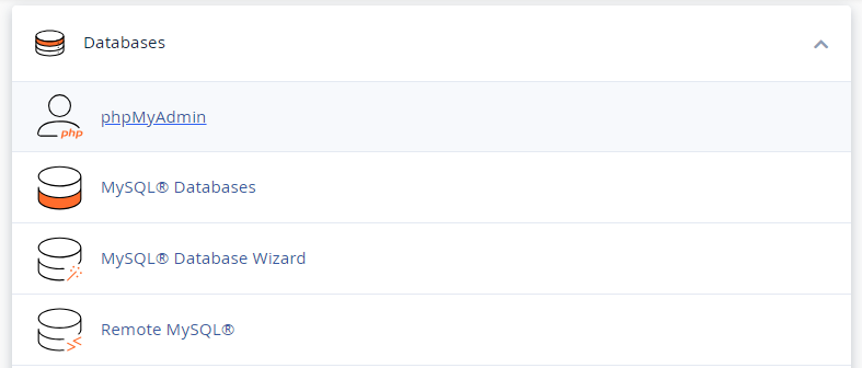 Depuis le cPanel, accédez à la section Bases de données et cliquez sur phpMyAdmin.
