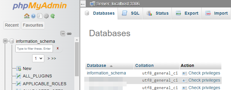 Una volta entrato in phpMyAdmin, seleziona la scheda Database. Questo ti mostrerà un elenco di tutti i database nel tuo account.