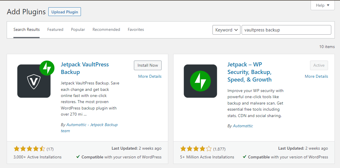 Instal dan aktifkan VaultPress Backup dari repositori plugin WordPress.