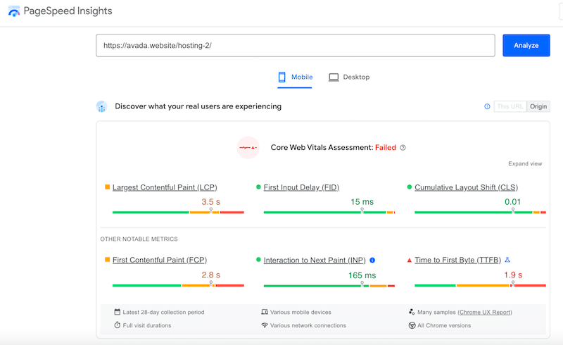 Avada のデモの Core Web Vitals の評価とパフォーマンスの結果 - 出典: PageSpeed の洞察