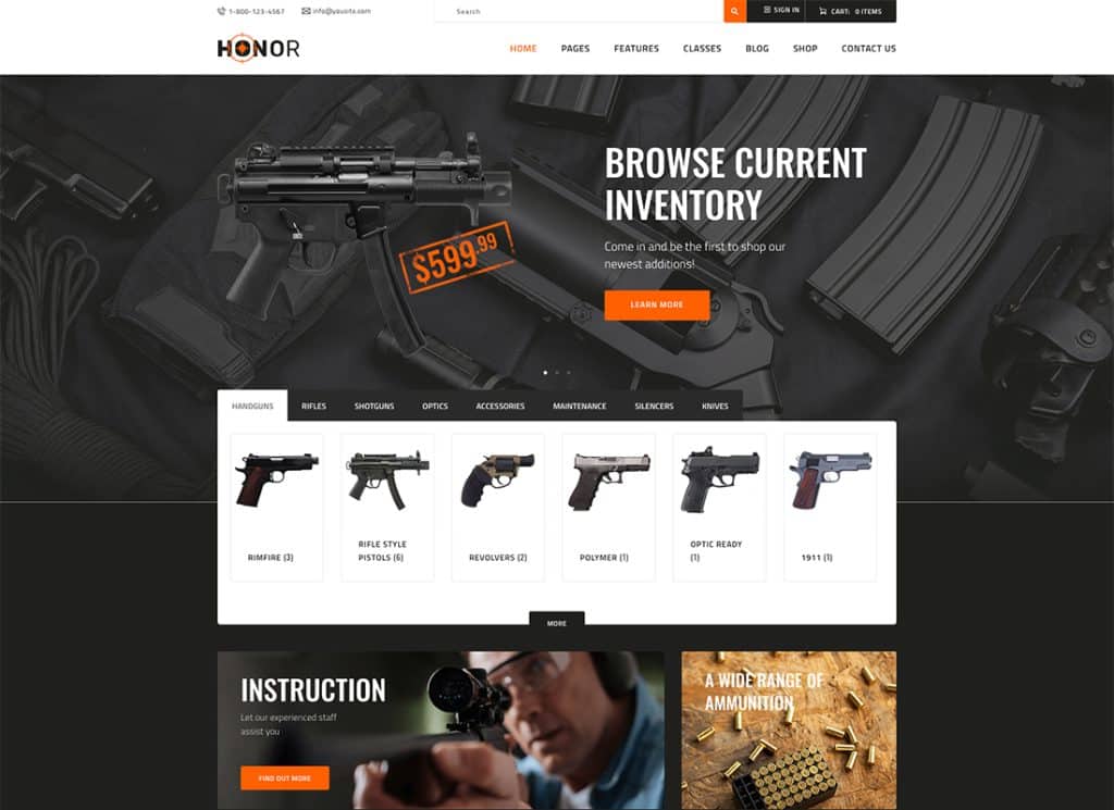 Honor - Tema WordPress de clube de tiro multifuncional e loja de armas