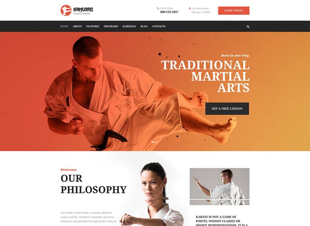 Motyw WordPress dla szkoły karate i centrum fitness Samurai