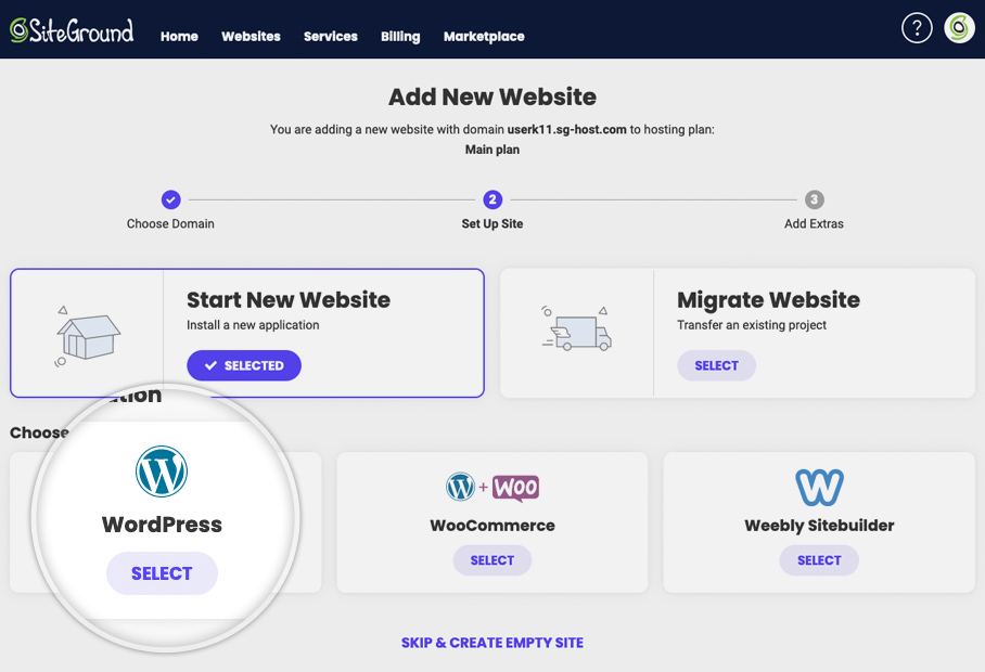 Schermata di installazione del nuovo sito Web WordPress di Siteground