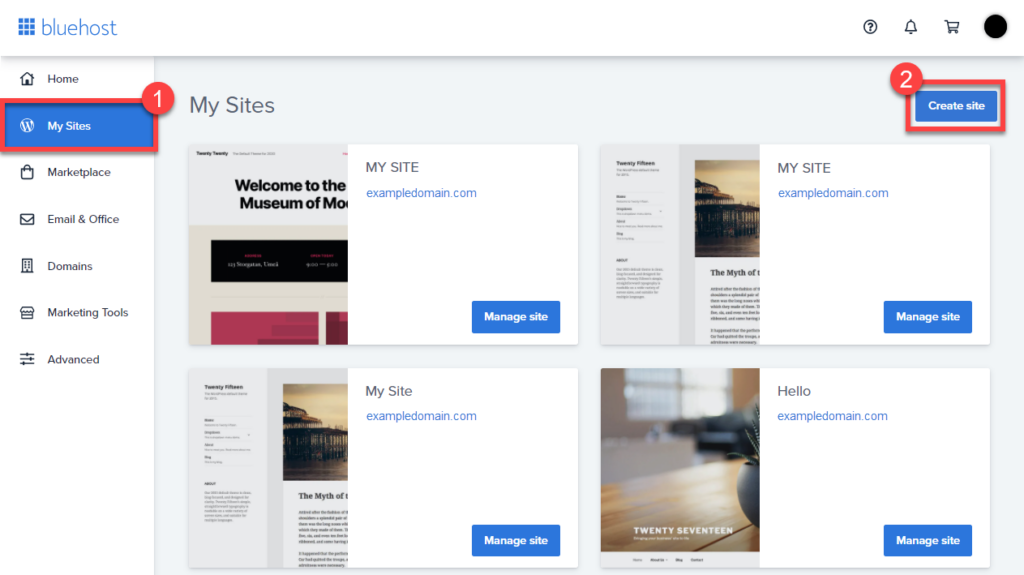 Erstellen Sie eine neue WordPress-Site mit Bluehost, dem Bildschirm „Meine Sites“.