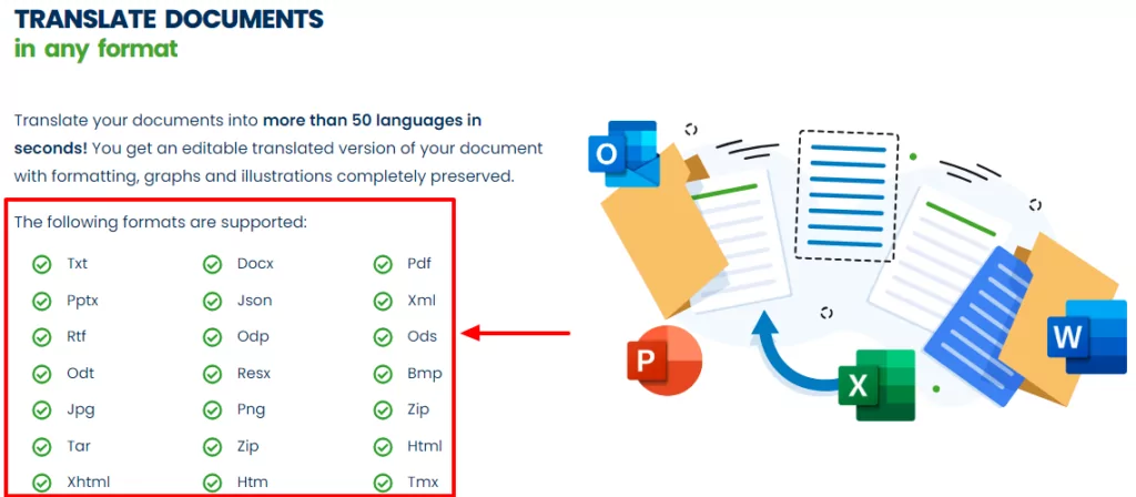 systran traduit les formats de documents pris en charge