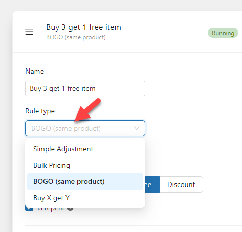 configura il tipo di regola: imposta buoni regalo WooCommerce gratuiti