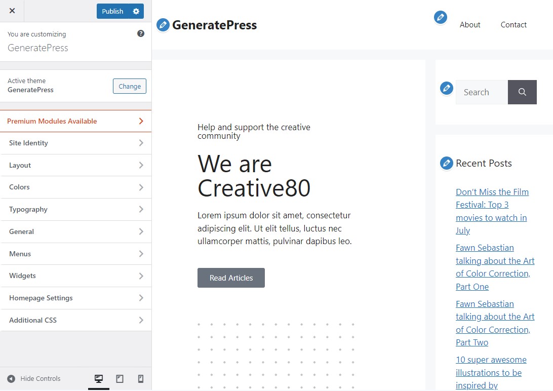 Opciones del personalizador de GeneratePress