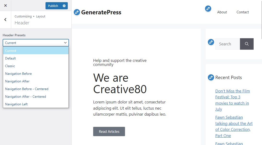 Header-Einstellungen in GeneratePress