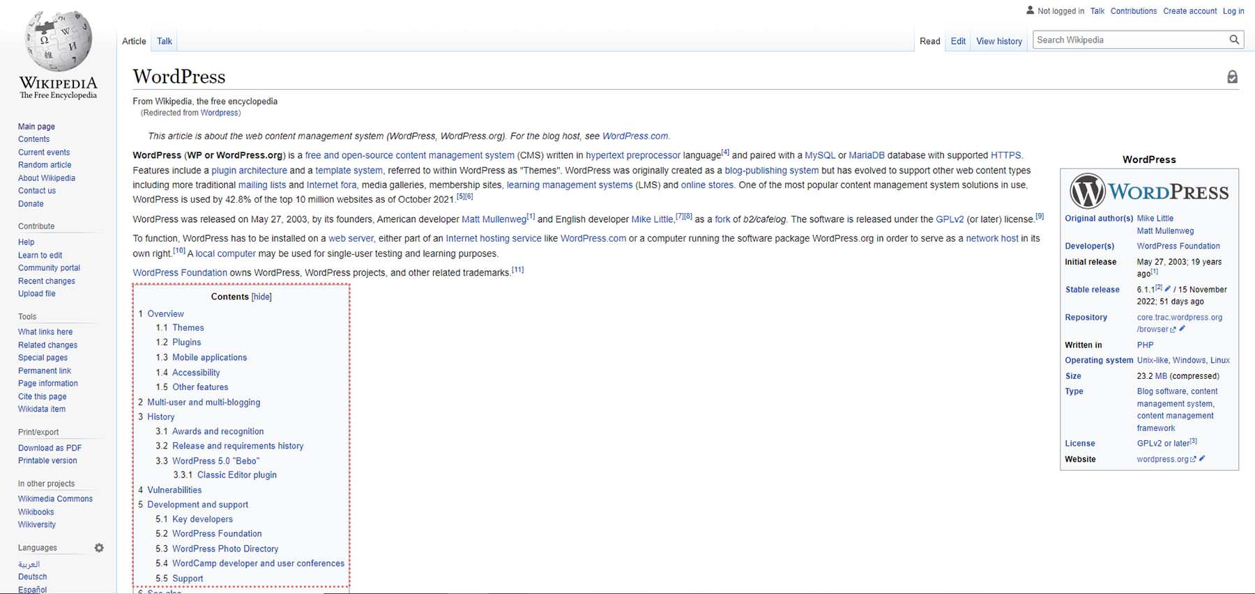 Оглавление страницы WordPress в Википедии
