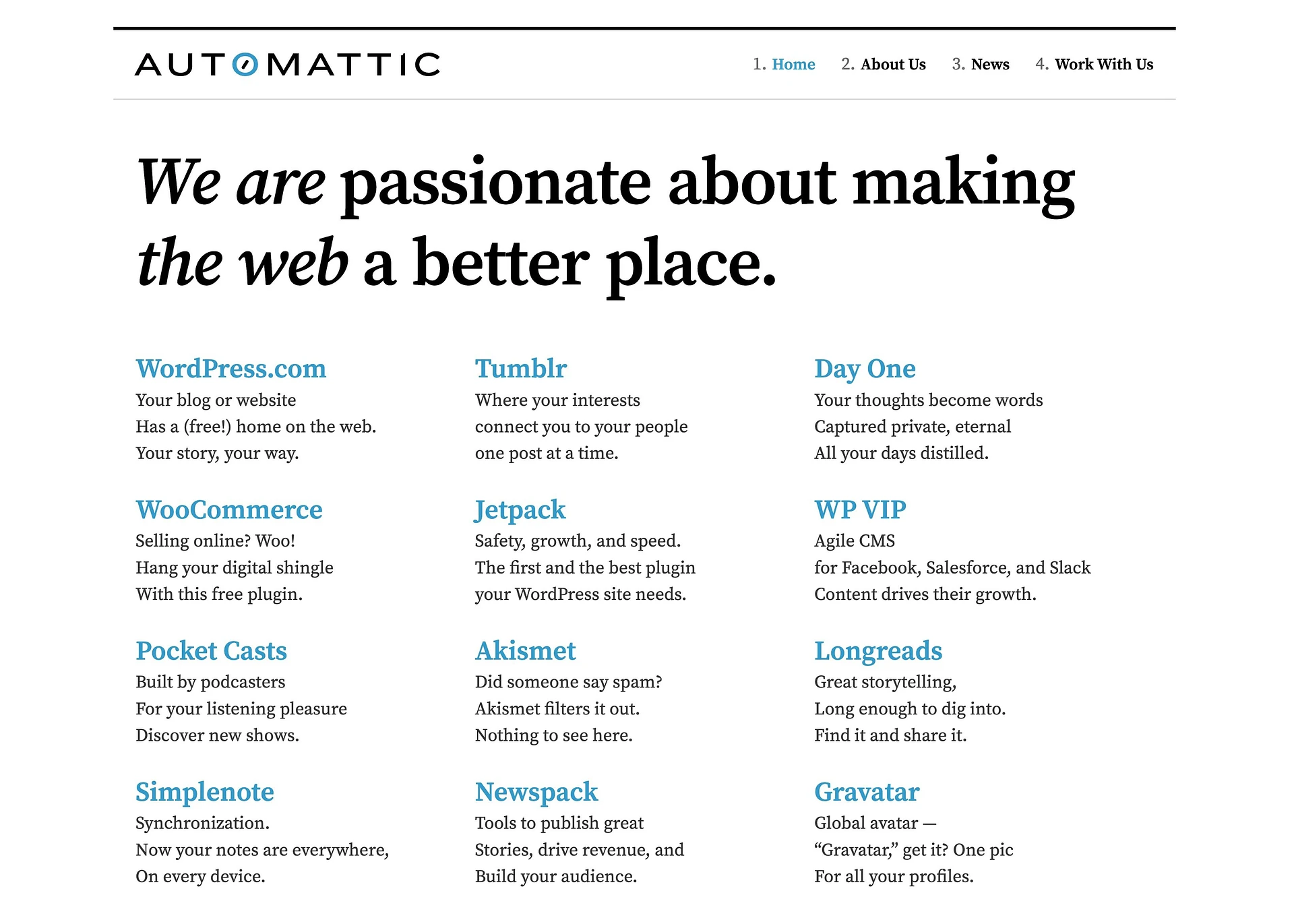 La web de Automattic y sus principales productos.