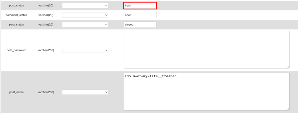 削除された投稿の投稿ステータスを変更するための cpanel のスクリーンショット