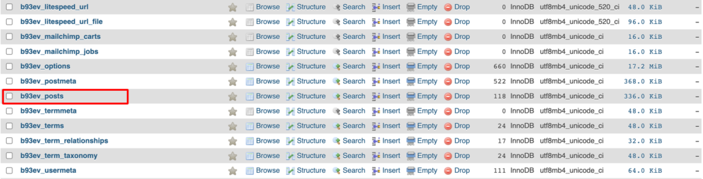 Zrzut ekranu przedstawiający cpanel umożliwiający wybranie bazy danych powiązanej z usuniętym postem