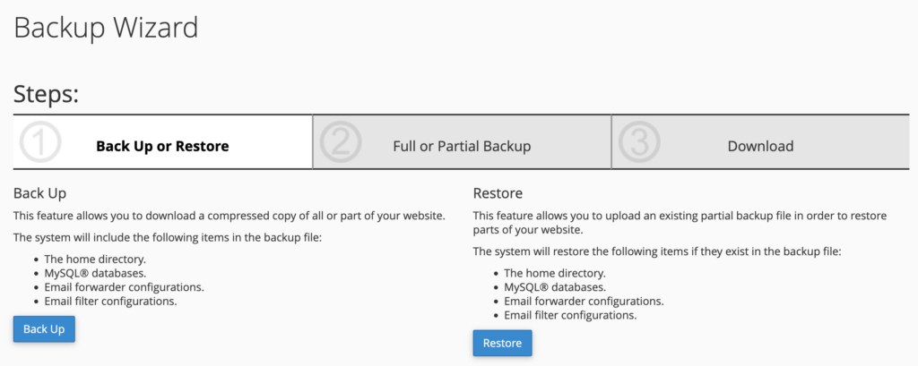 Tangkapan layar ke wizard pencadangan cpanel