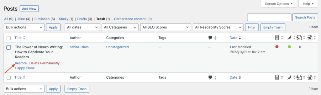 Une capture d'écran pour restaurer le fichier supprimé de la corbeille sur WordPress