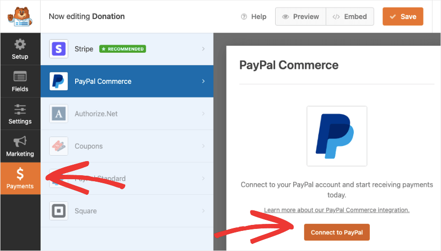 علامة التبويب "المدفوعات" في WPForms