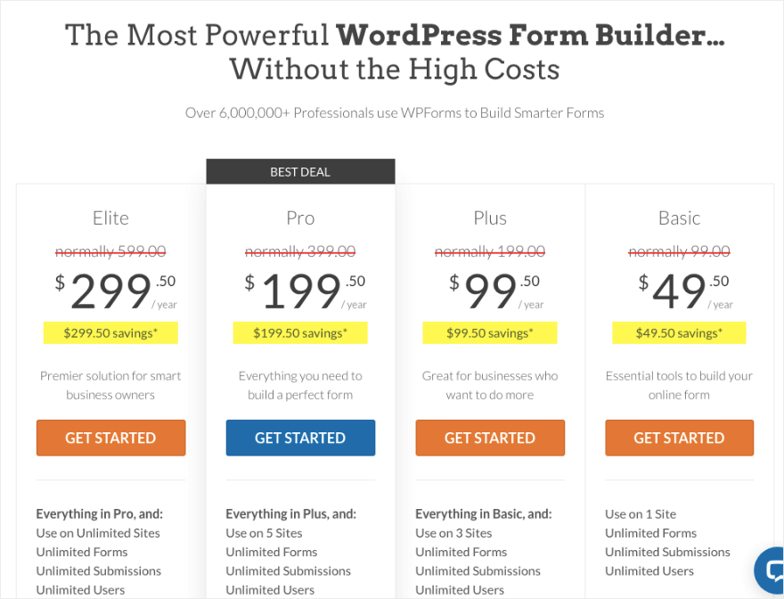 WPForms fiyatlandırması