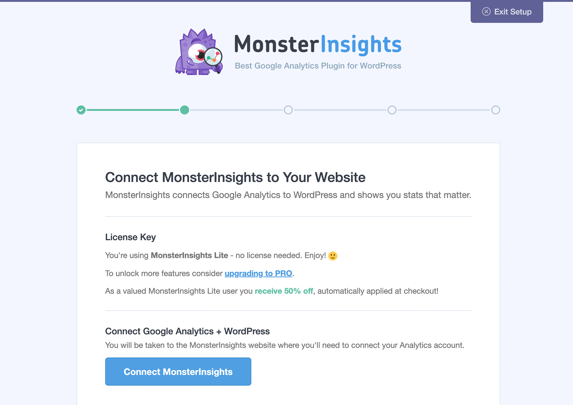 Hubungkan MonsterInsights ke Google Analytics + WordPress.