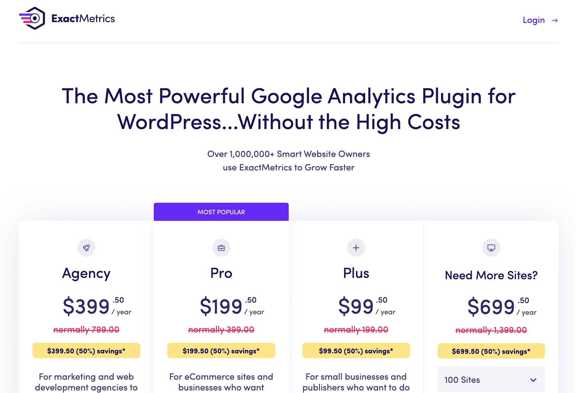 Página de precios de ExactMetrics al comparar MonsterInsights con ExactMetrics.