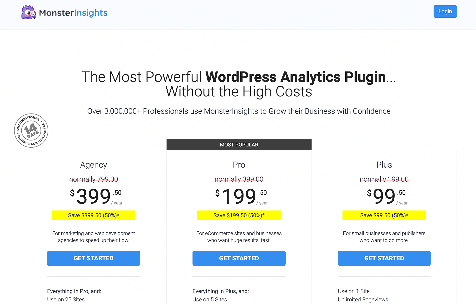 صفحة التسعير MonsterInsights.