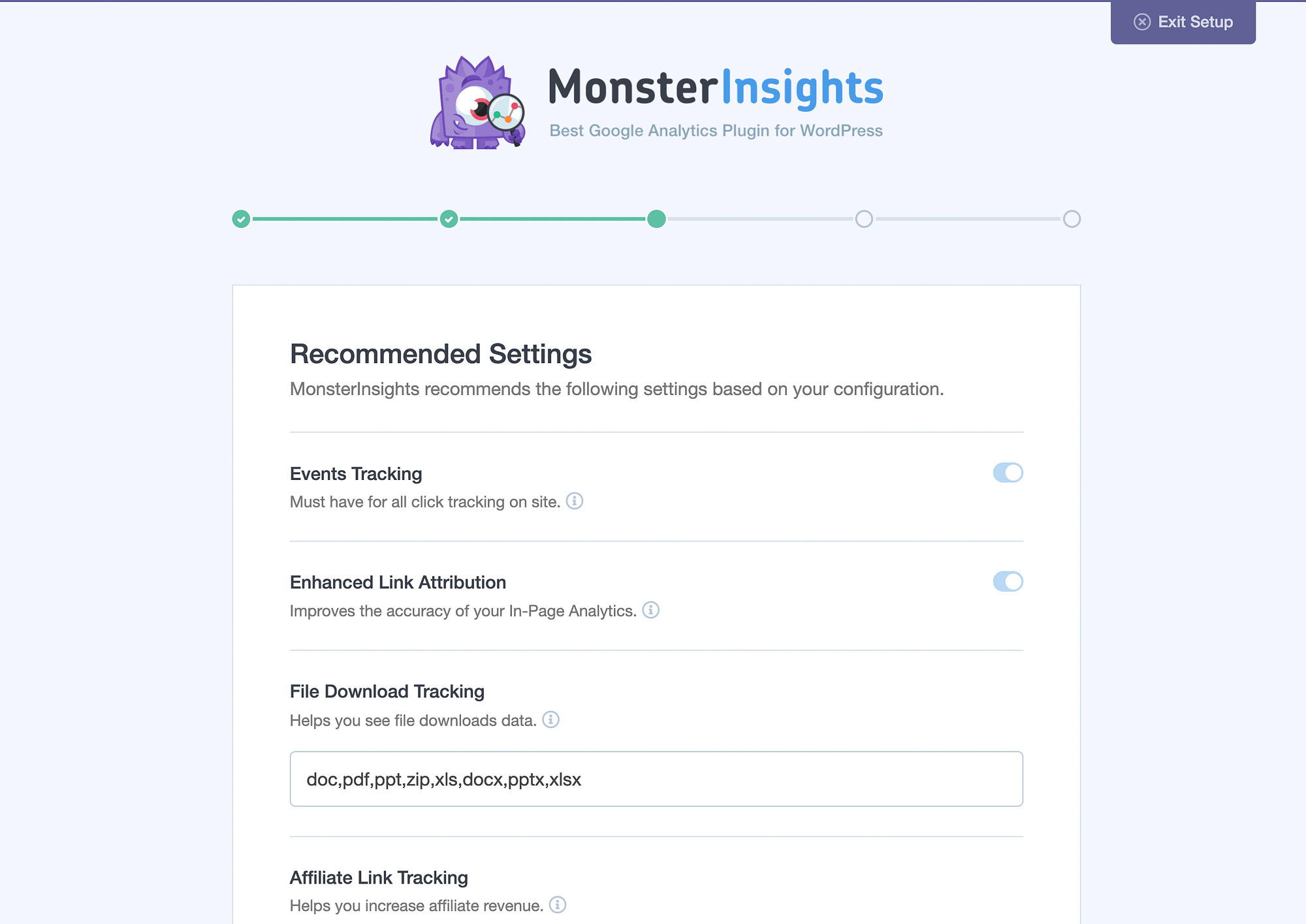 Configura le impostazioni di MonsterInsights.