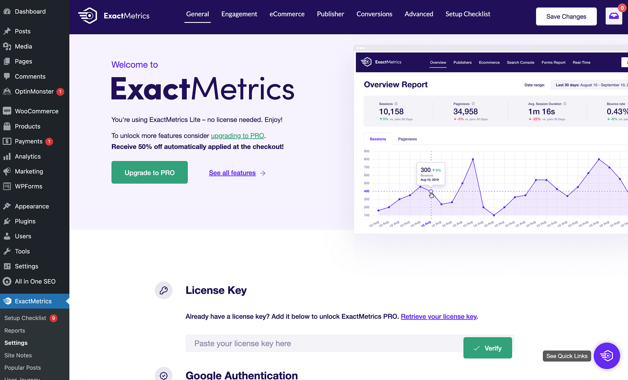 MonsterInsights와 ExactMetrics 대시보드 비교.