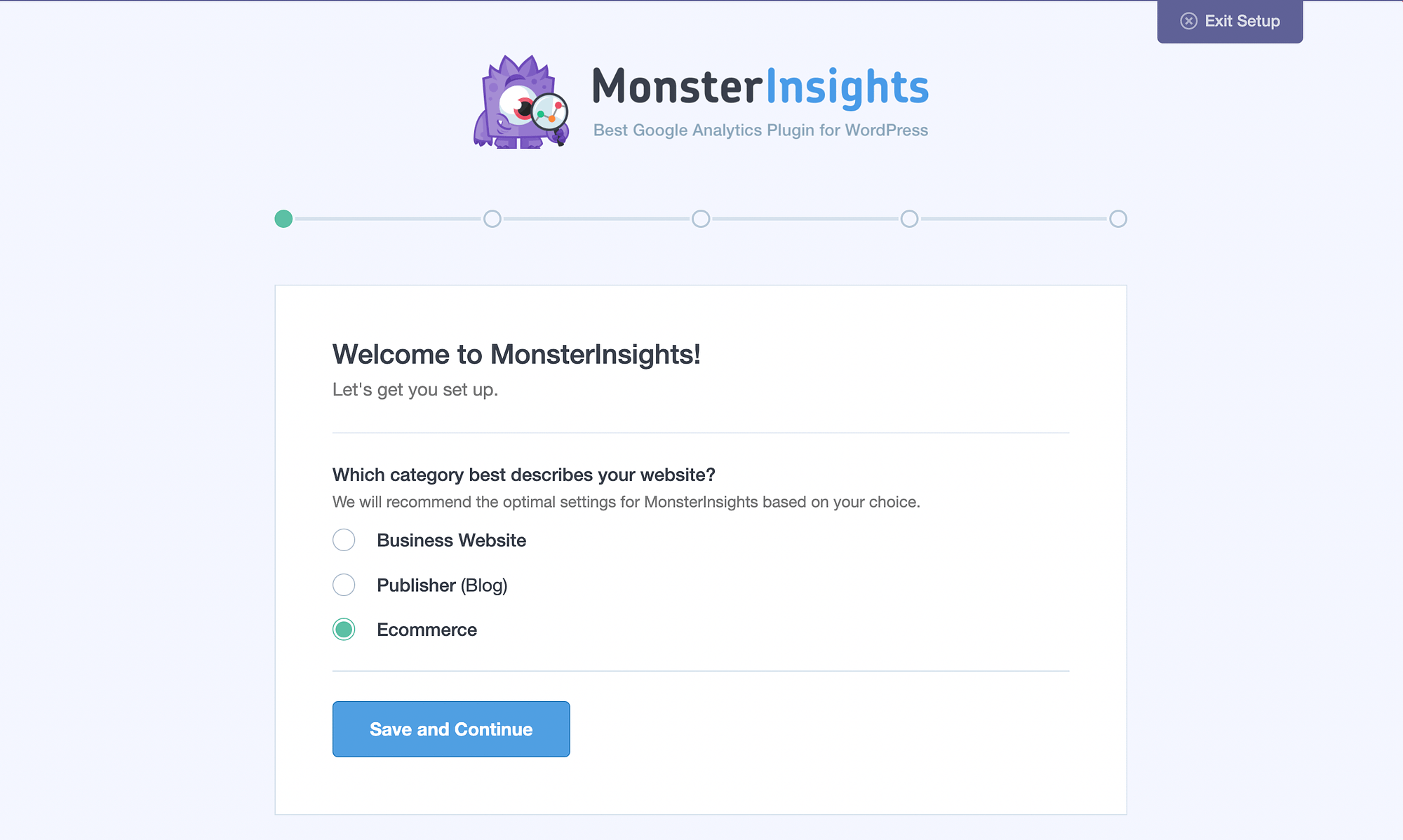 Expertul de configurare MonsterInsights bun venit.