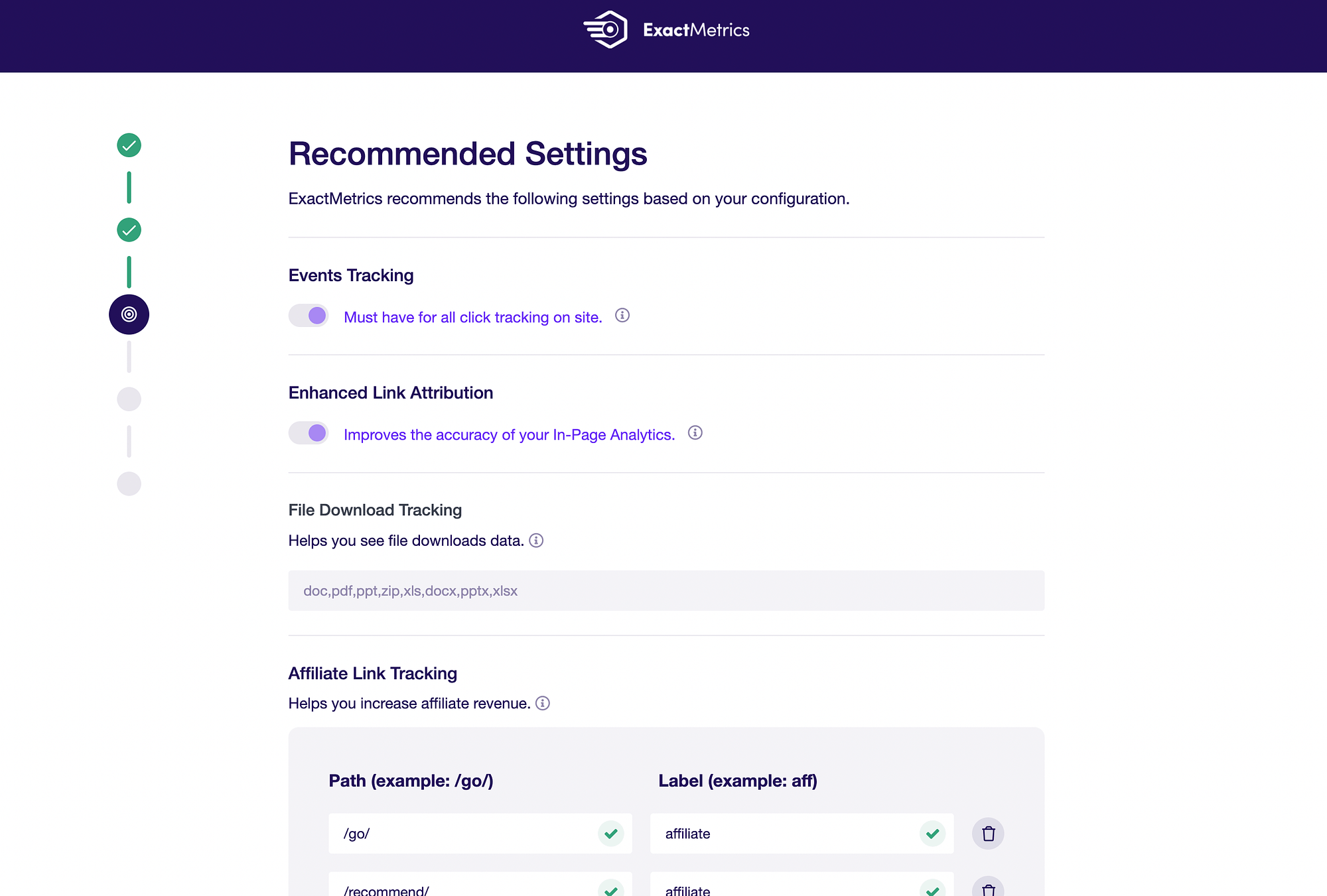 在 ExactMetrics 中配置推荐设置。